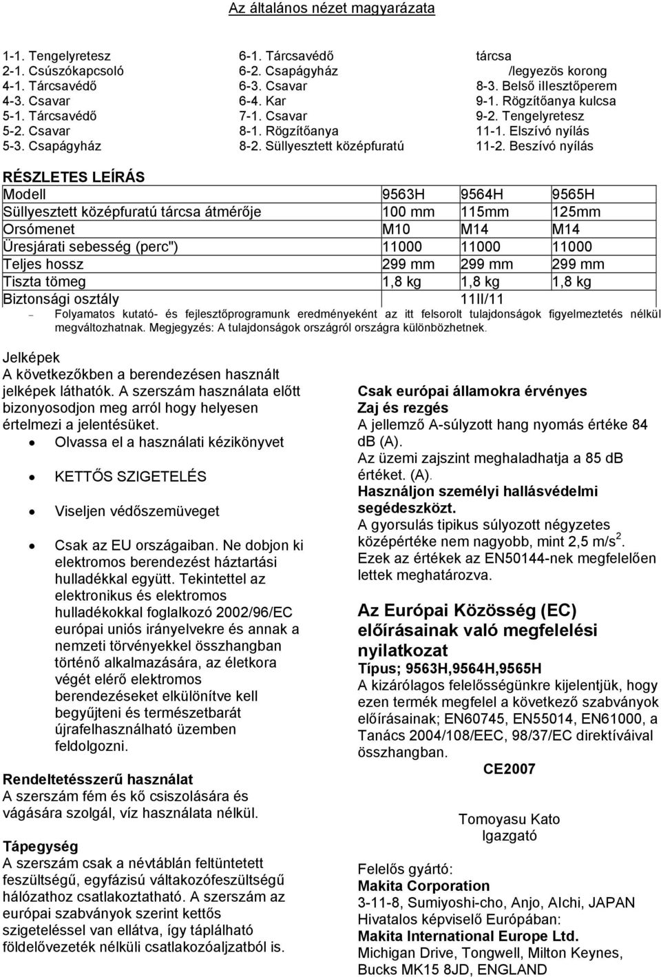 Beszívó nyílás RÉSZLETES LEÍRÁS Modell 9563H 9564H 9565H Süllyesztett középfuratú tárcsa átmérője 100 mm 115mm 125mm Orsómenet M10 M14 M14 Üresjárati sebesség (perc") 11000 11000 11000 Teljes hossz