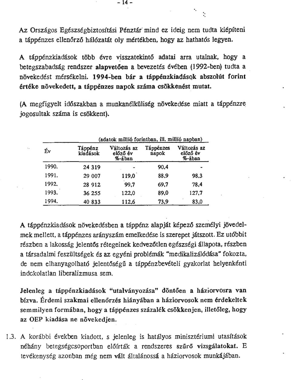 1994~ben bár a táppénzkiadások abszolút forint értéke növekedett, a táppénzes napok száma csökkenést mutat.