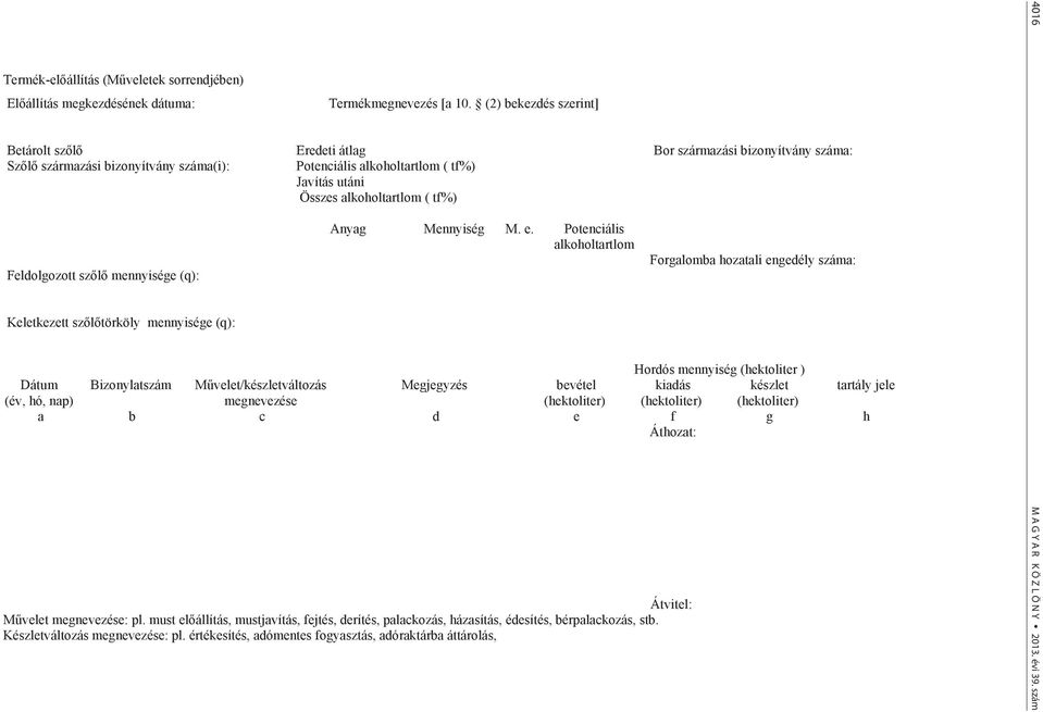 Javítás utáni Összes alkoholtartlom ( tf%) Anyag Mennyiség M. e.