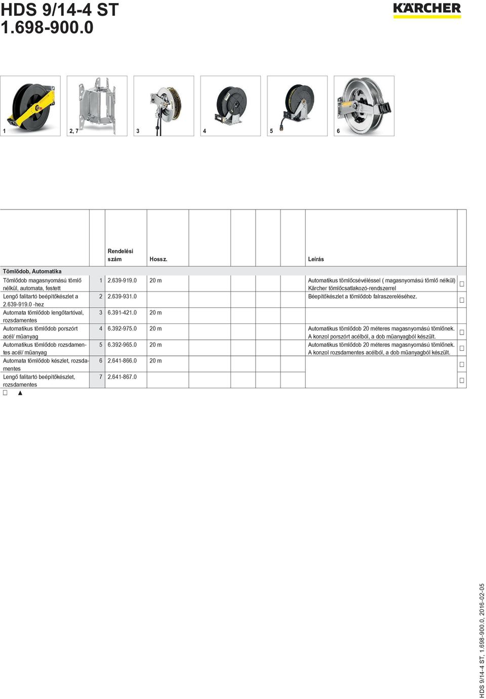 falitartó beépítőkészlet, rozsdamentes 1 2.639-919.0 20 m Automatikus tömlőcsévéléssel ( magasnyomású tömlő nélkül) Kärcher tömlőcsatlakozó-rendszerrel 2 2.639-931.