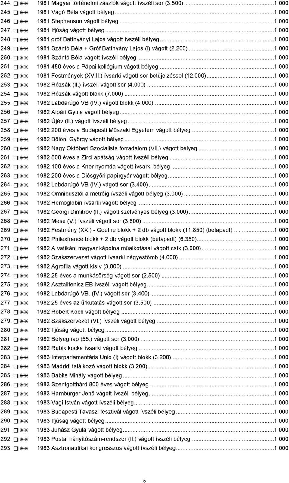 1981 450 éves a Pápai kollégium vágott bélyeg...1 000 252. 1981 Festmények (XVIII.) ívsarki vágott sor betűjelzéssel (12.000)...1 000 253. 1982 Rózsák (II.) ívszéli vágott sor (4.000)...1 000 254.