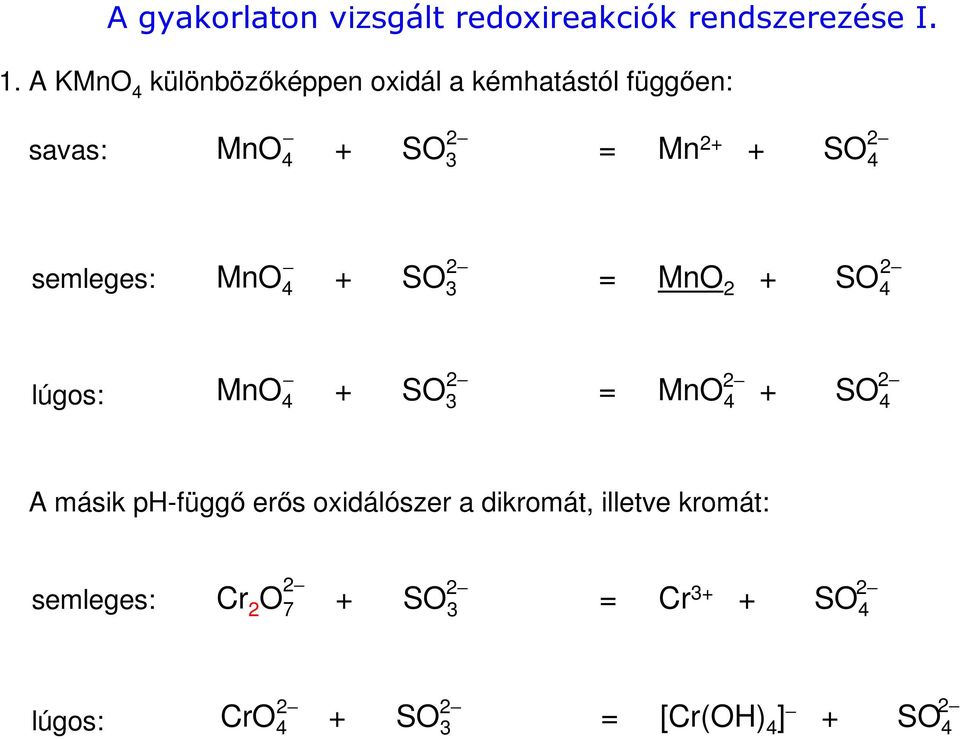 semleges: MnO 4 + SO 3 = MnO 2 + SO 4 lúgos: 2 2 2 MnO 4 + SO 3 = MnO 4 + SO 4 A másik ph-függő