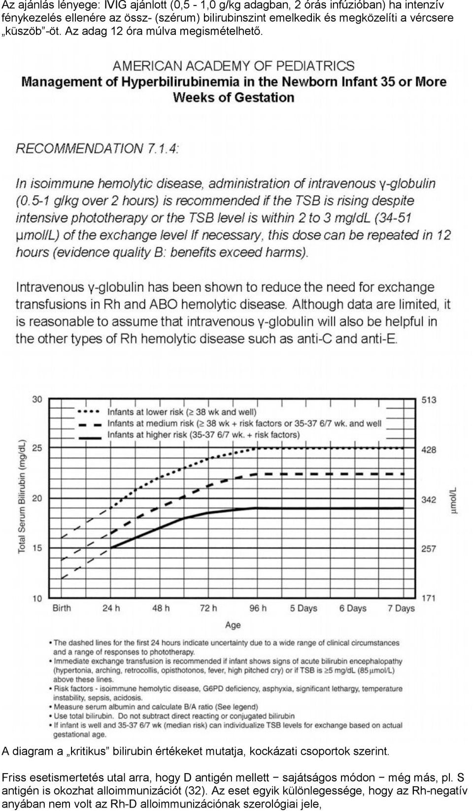 A diagram a kritikus bilirubin értékeket mutatja, kockázati csoportok szerint.