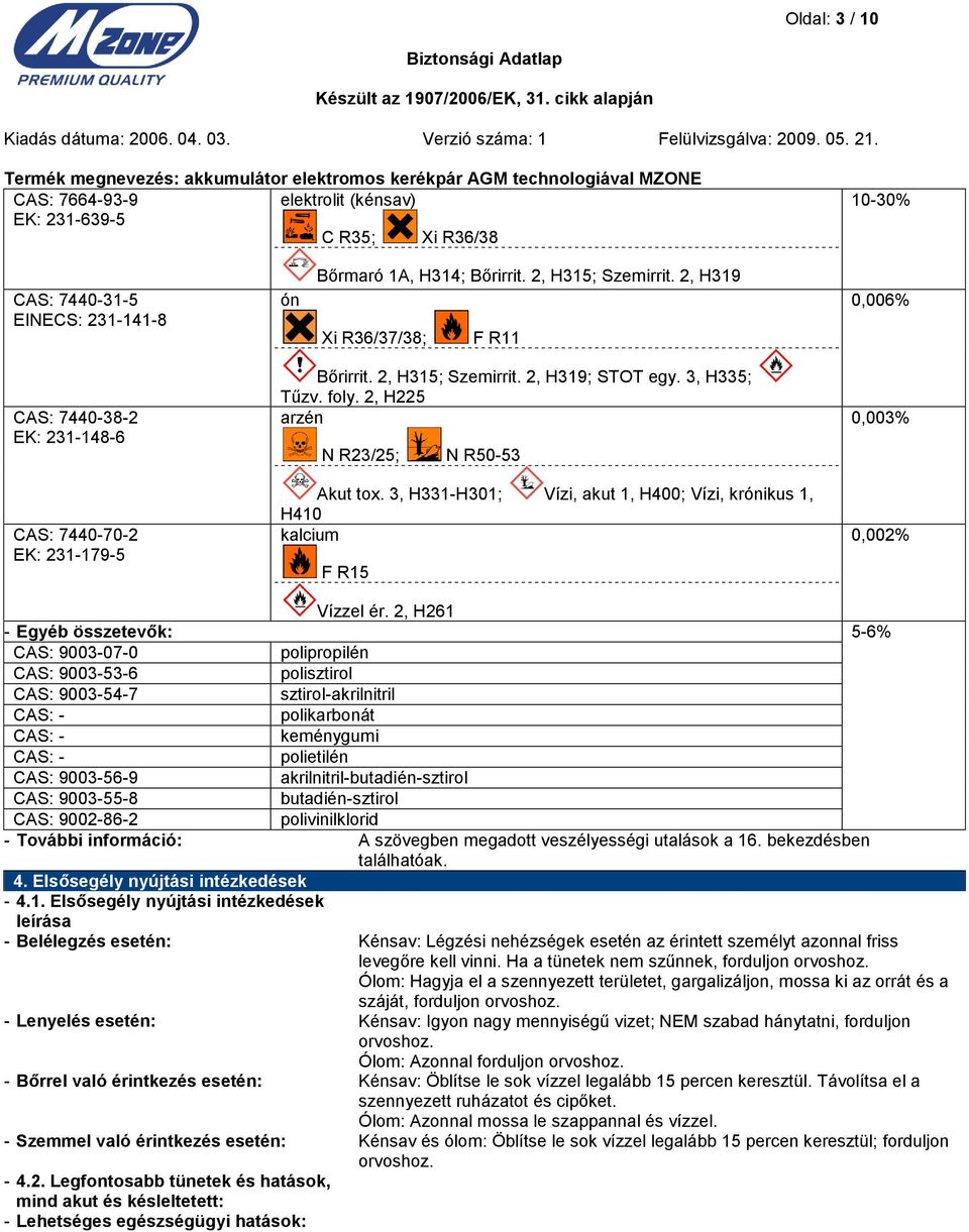 2, H225 arzén N R23/25; N R50-53 Akut tox. 3, H331-H301; Vízi, akut 1, H400; Vízi, krónikus 1, H410 kalcium F R15 0,003% 0,002% Vízzel ér.