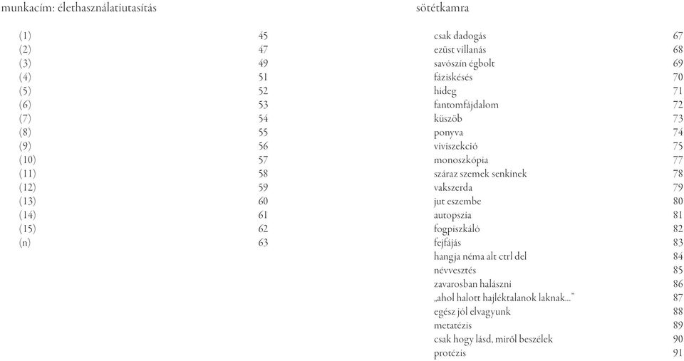 75 monoszkópia 77 száraz szemek senkinek 78 vakszerda 79 jut eszembe 80 autopszia 81 fogpiszkáló 82 fejfájás 83 hangja néma alt ctrl del 84