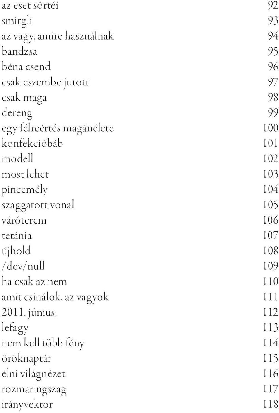 szaggatott vonal 105 váróterem 106 tetánia 107 újhold 108 /dev/null 109 ha csak az nem 110 amit csinálok, az