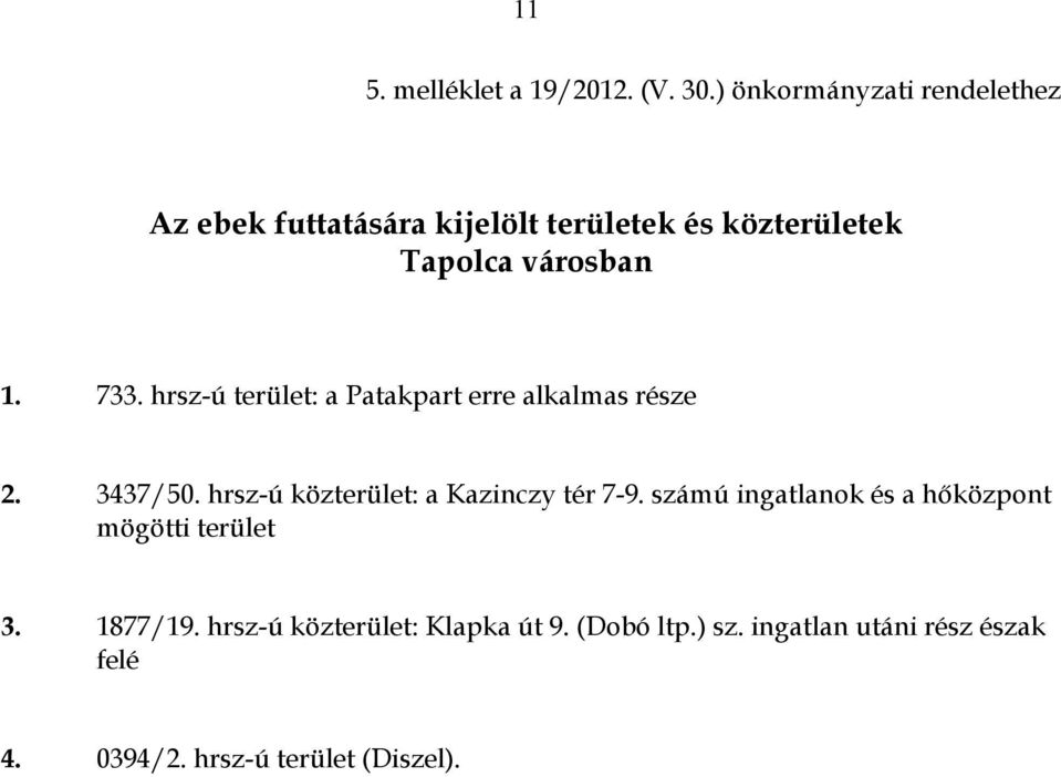 733. hrsz-ú terület: a Patakpart erre alkalmas része 2. 3437/50. hrsz-ú közterület: a Kazinczy tér 7-9.