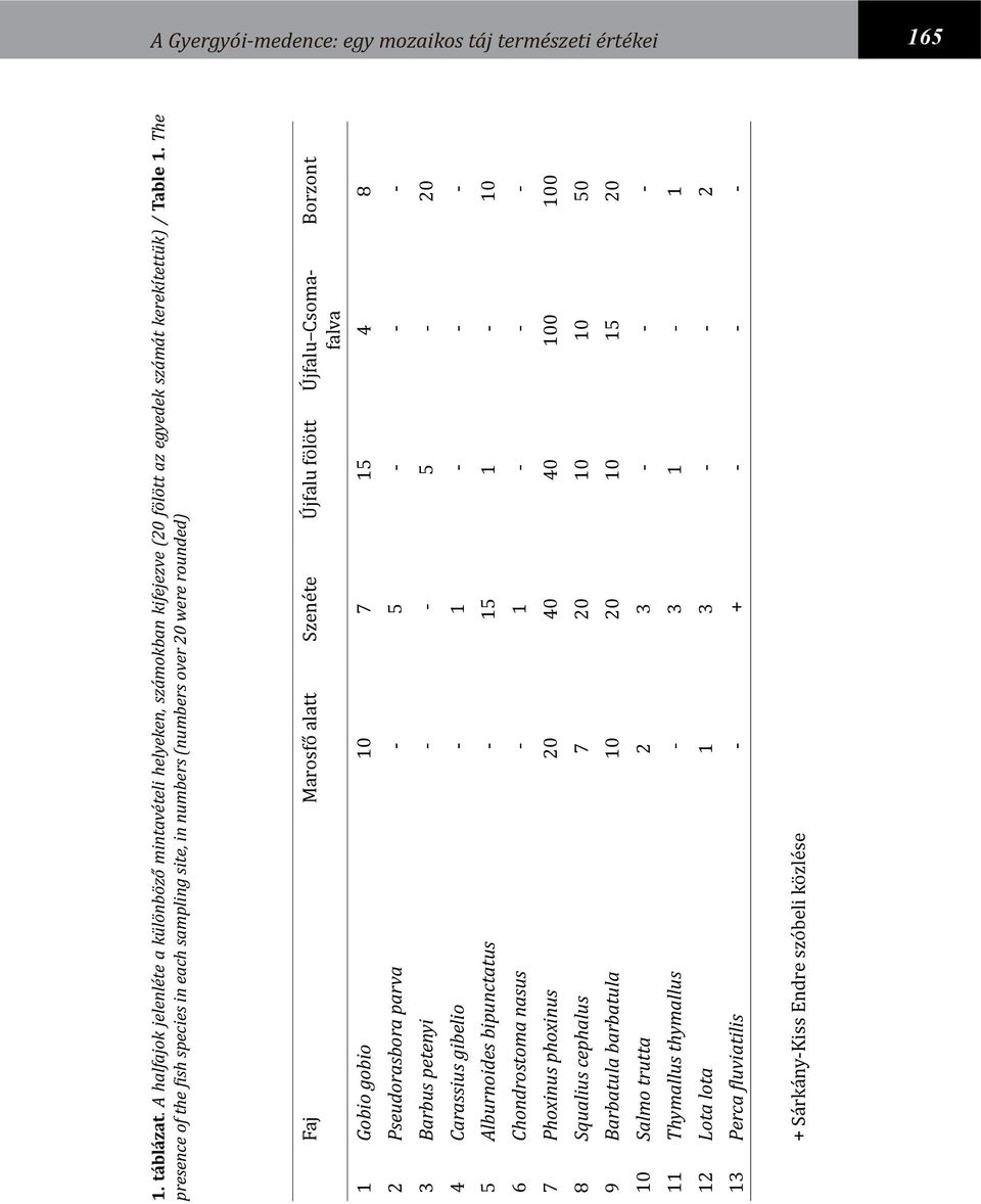 The presence of the fish species in each sampling site, in numbers (numbers over 20 were rounded) Faj Marosfő alatt Szenéte Újfalu fölött Újfalu Csomafalva 1 Gobio gobio 10 7 15 4 8 2 Pseudorasbora