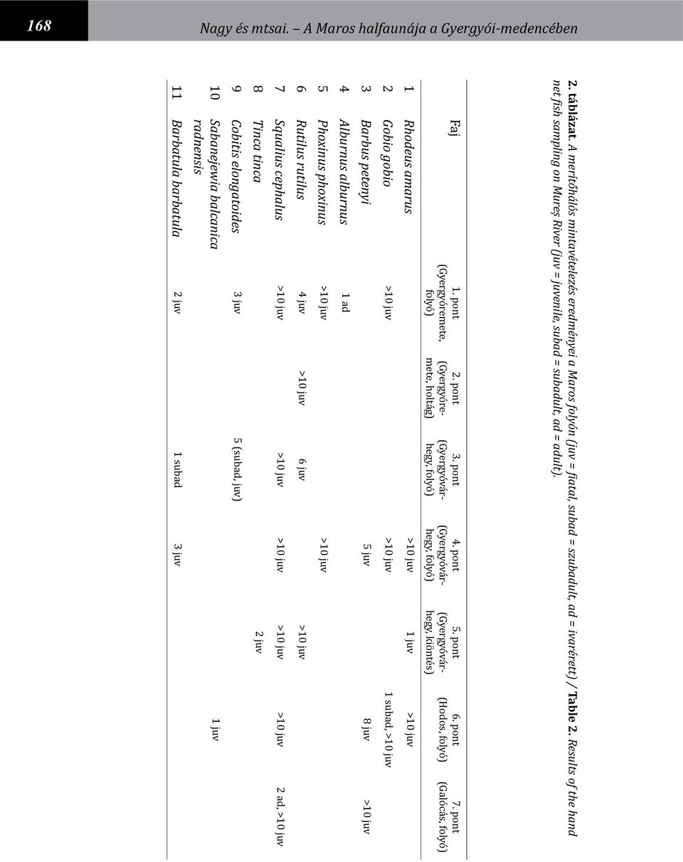 pont (Gyergyóvárhegy, folyó) 4. pont (Gyergyóvárhegy, folyó) 5. pont (Gyergyóvárhegy, kiöntés) 6. pont (Hodos, folyó) 1 Rhodeus amarus >10 juv 1 juv >10 juv 7.