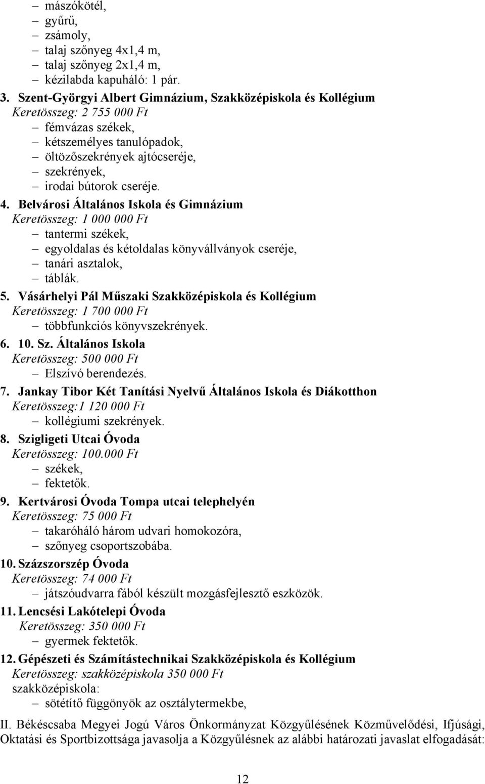 Belvárosi Általános Iskola és Gimnázium Keretösszeg: 1 000 000 Ft tantermi székek, egyoldalas és kétoldalas könyvállványok cseréje, tanári asztalok, táblák. 5.