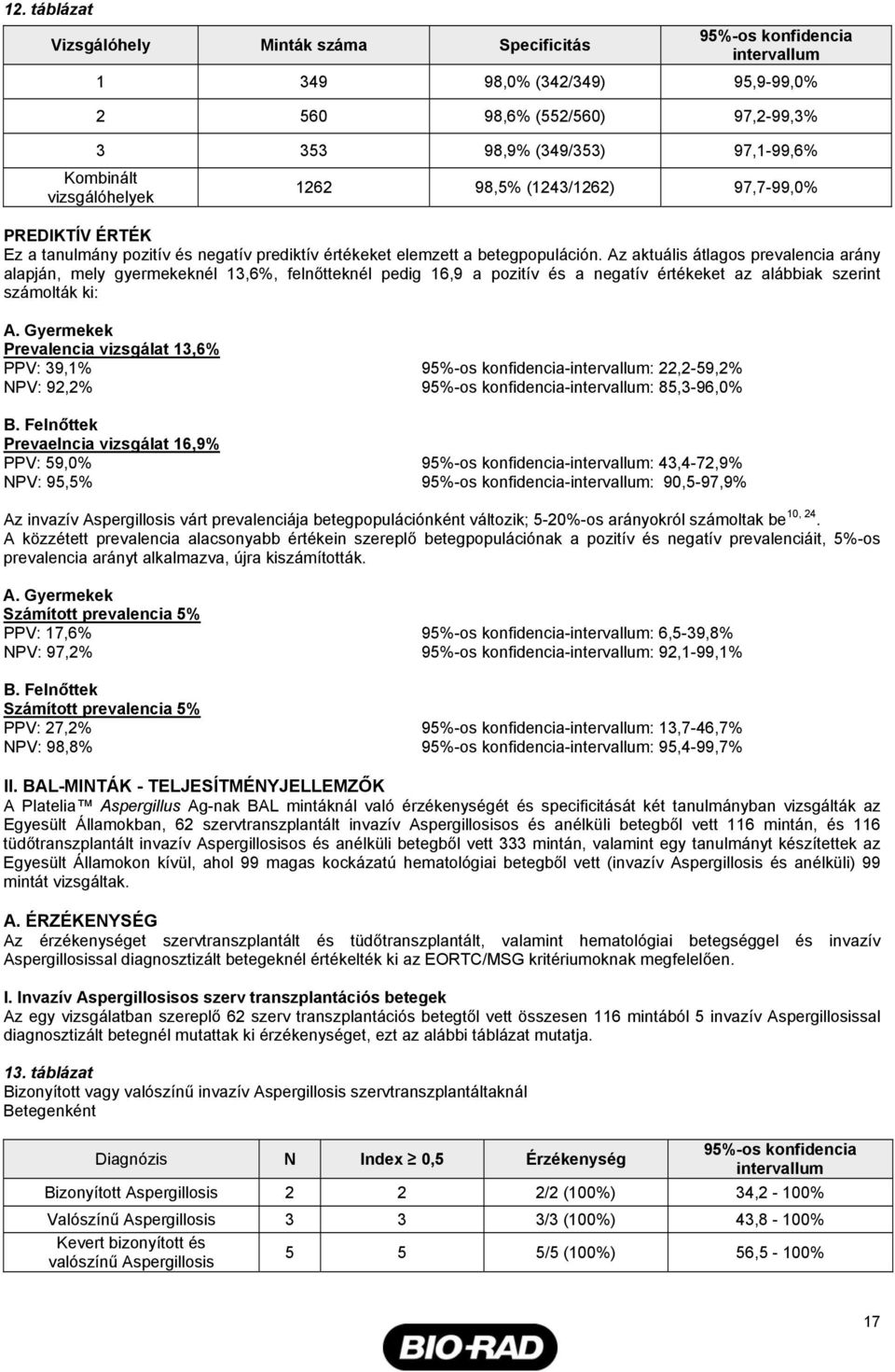 Az aktuális átlagos prevalencia arány alapján, mely gyermekeknél 13,6%, felnőtteknél pedig 16,9 a pozitív és a negatív értékeket az alábbiak szerint számolták ki: A.