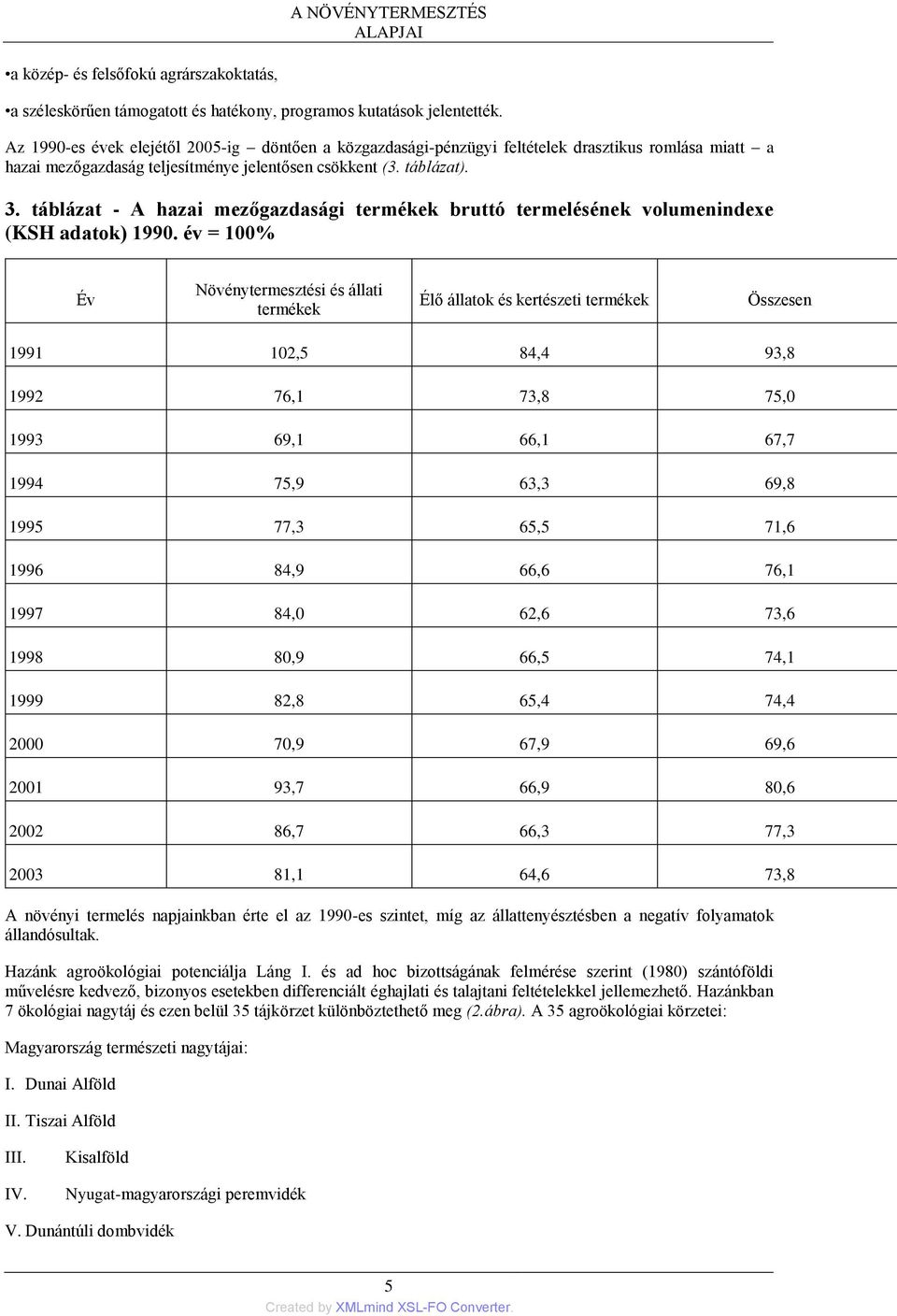 táblázat - A hazai mezőgazdasági termékek bruttó termelésének volumenindexe (KSH adatok) 1990.