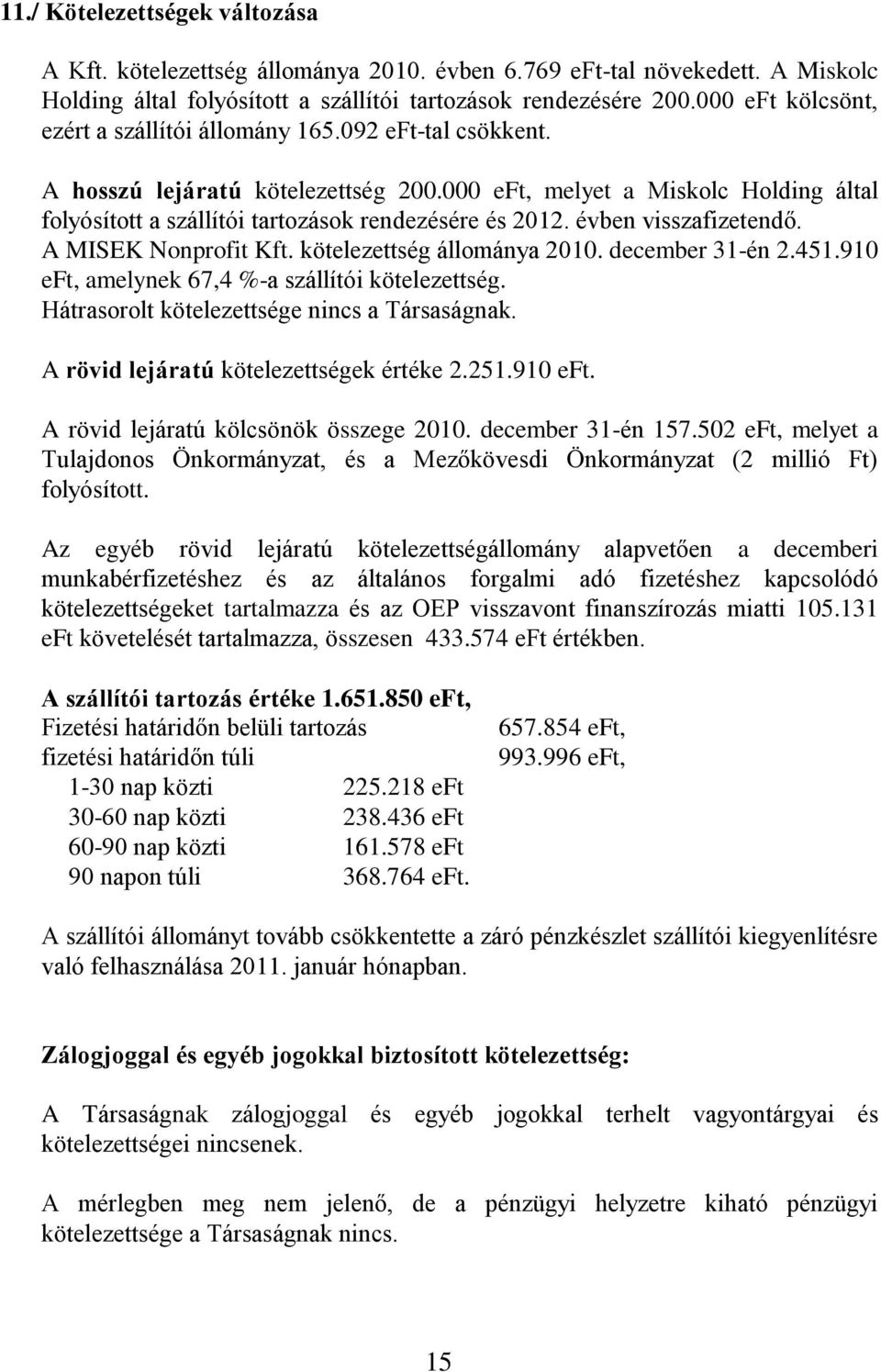 000 eft, melyet a Miskolc Holding által folyósított a szállítói tartozások rendezésére és 2012. évben visszafizetendő. A MISEK Nonprofit Kft. kötelezettség állománya 2010. december 31-én 2.451.