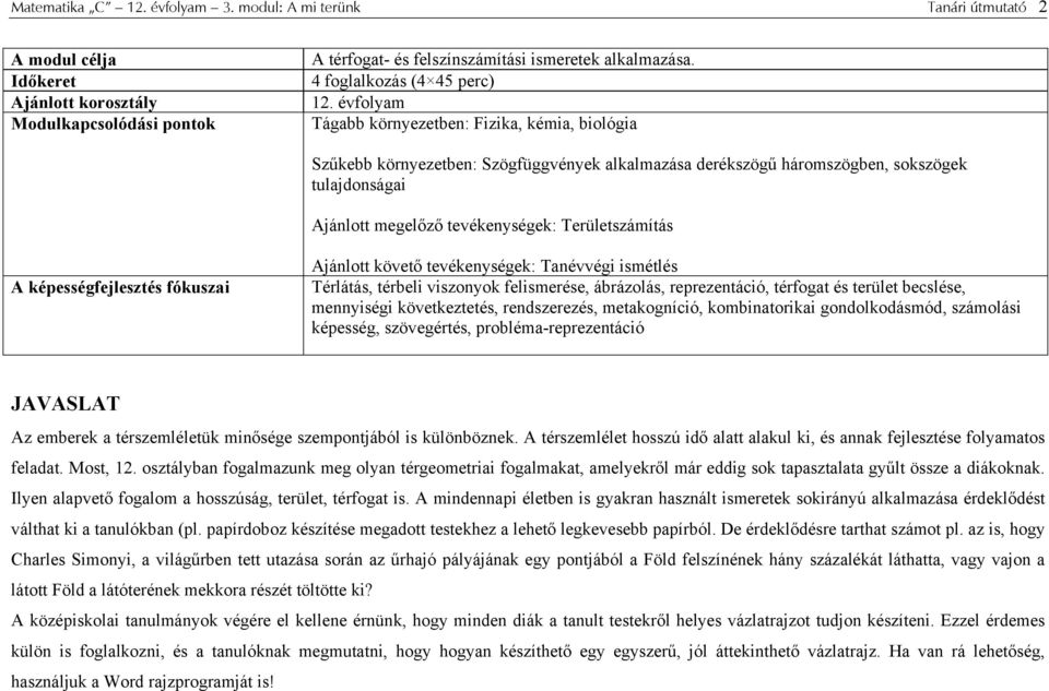 képességfejlesztés fókuszai jánltt követő tevékenységek: Tanévvégi ismétlés Térlátás, térbeli visznyk felismerése, ábrázlás, reprezentáció, térfgat és terület becslése, mennyiségi következtetés,