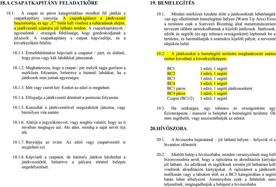 A csapatkapitányok / egyesületek / országok felelőssége, hogy gondoskodjanak a jelzésről. A csapatkapitány a csapat képviselője, és a következőkért felelős: 18