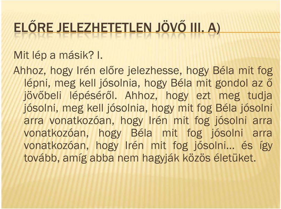 Ahhoz, hogy Irén előre jelezhesse, hogy Béla mit fog lépni, meg kell jósolnia, hogy Béla mit gondol az ő