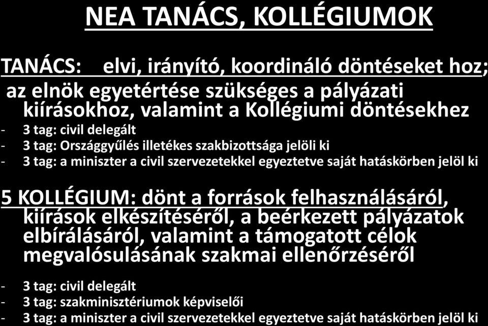 hatáskörben jelöl ki 5 KOLLÉGIUM: dönt a források felhasználásáról, kiírások elkészítéséről, a beérkezett pályázatok elbírálásáról, valamint a támogatott célok