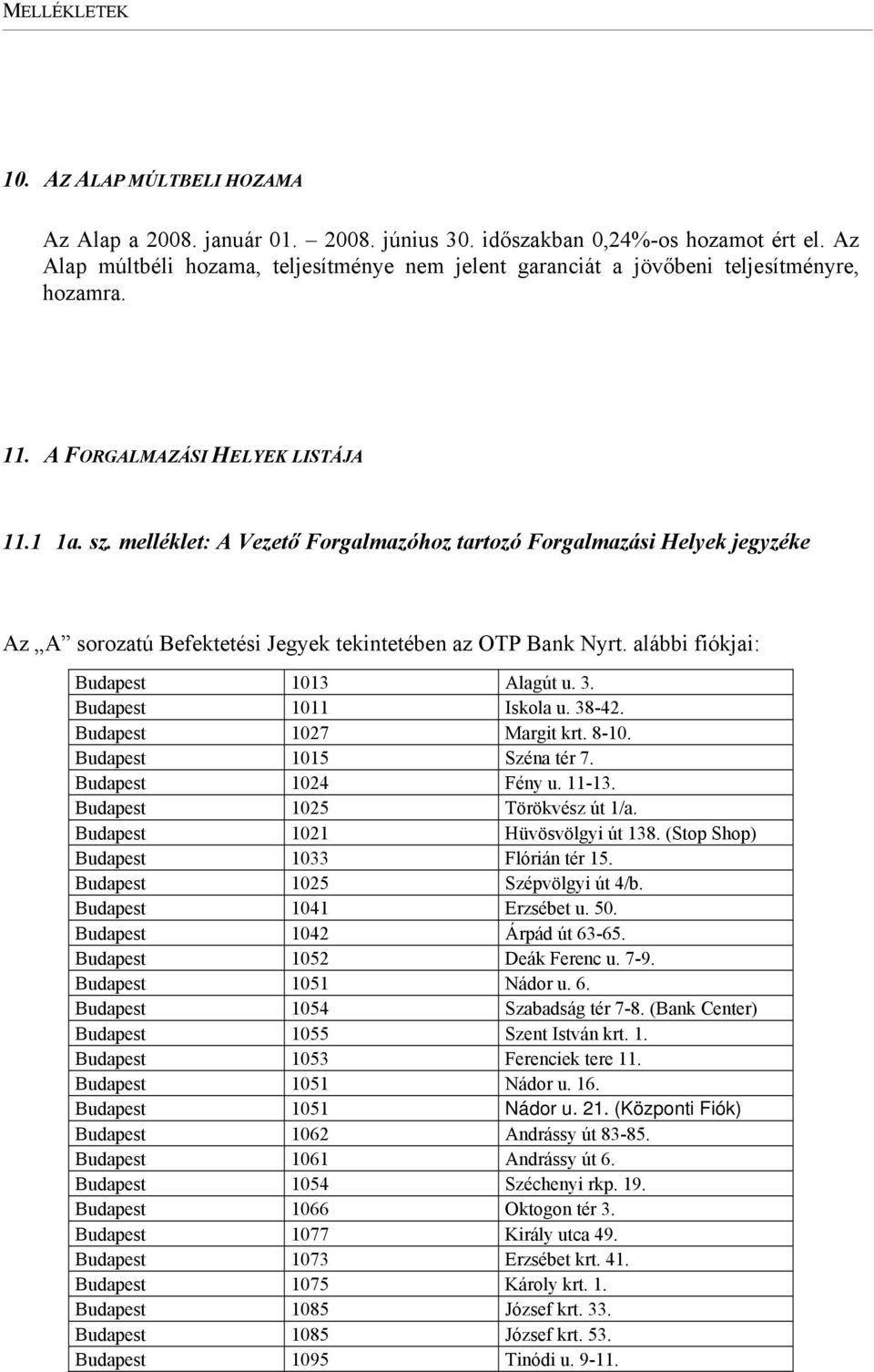 melléklet: A Vezető Forgalmazóhoz tartozó Forgalmazási Helyek jegyzéke Az A sorozatú Befektetési Jegyek tekintetében az OTP Bank Nyrt. alábbi fiókjai: Budapest 1013 Alagút u. 3.