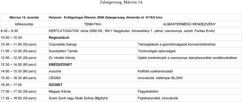 (alma, cseresznye, vezeti: Farkas Ervin) 10.30 11.00 (30 perc) Csizmadia György Támogatások a gyümölcságazat korszerűsítéséhez 11.00 12.