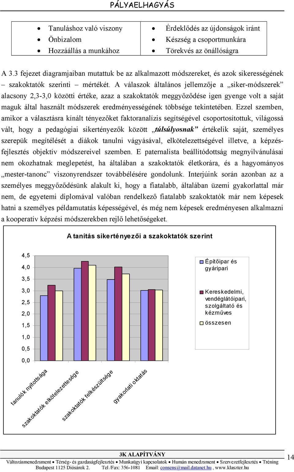 A válaszok általános jellemzője a siker-módszerek alacsony 2,3-3,0 közötti értéke, azaz a szakoktatók meggyőződése igen gyenge volt a saját maguk által használt módszerek eredményességének többsége