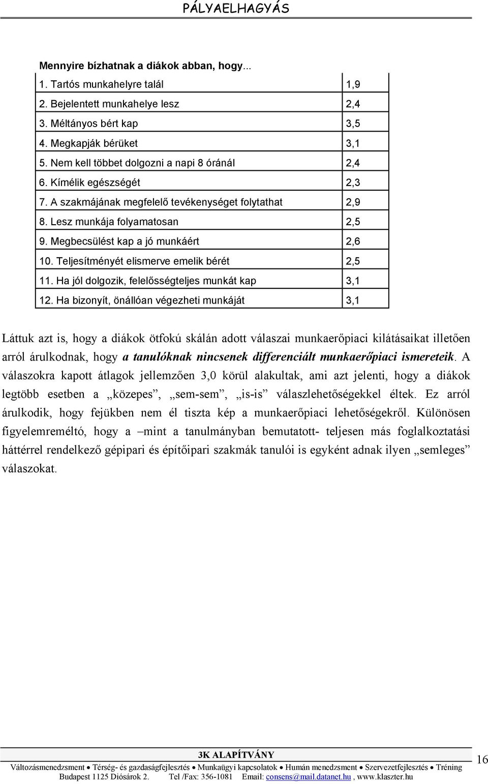Megbecsülést kap a jó munkáért 2,6 10. Teljesítményét elismerve emelik bérét 2,5 11. Ha jól dolgozik, felelősségteljes munkát kap 3,1 12.