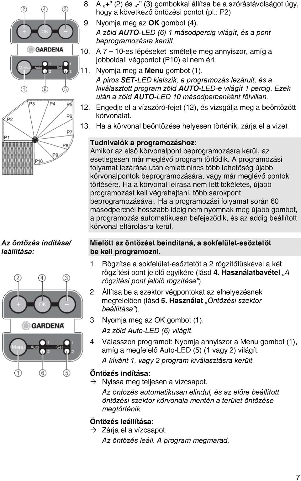 Nyomja meg a Menu gombot (1). A piros SET-LED kialszik, a programozás lezárult, és a kiválasztott program zöld AUTO-LED-e világít 1 percig. Ezek után a zöld AUTO-LED 10 másodpercenként fölvillan. 12.