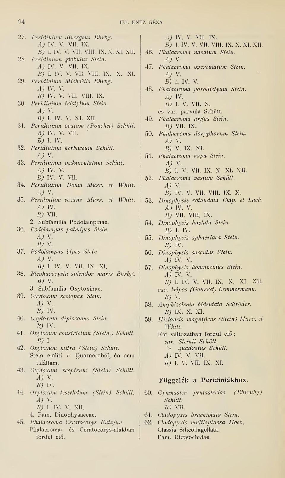 Peridinium herbaceum Schütt. A) V. 33. Peridinium pedunculatum Schütt. A) IV. V. B) IV. V. VII. 34. Peridinium Doma Murr. et Whitt. A) V. 35. Peridinium vexans Murr. et Whitt. A) IV. B) VII. 2.