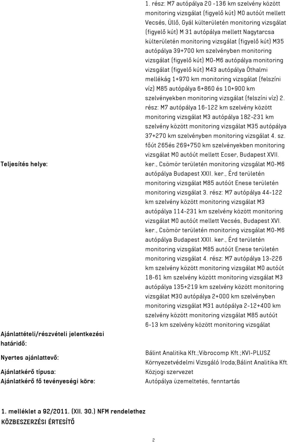 külterületén monitoring vizsgálat (figyelő kút) M35 autópálya 39+700 km szelvényben monitoring vizsgálat (figyelő kút) M0-M6 autópálya monitoring vizsgálat (figyelő kút) M43 autópálya Öthalmi