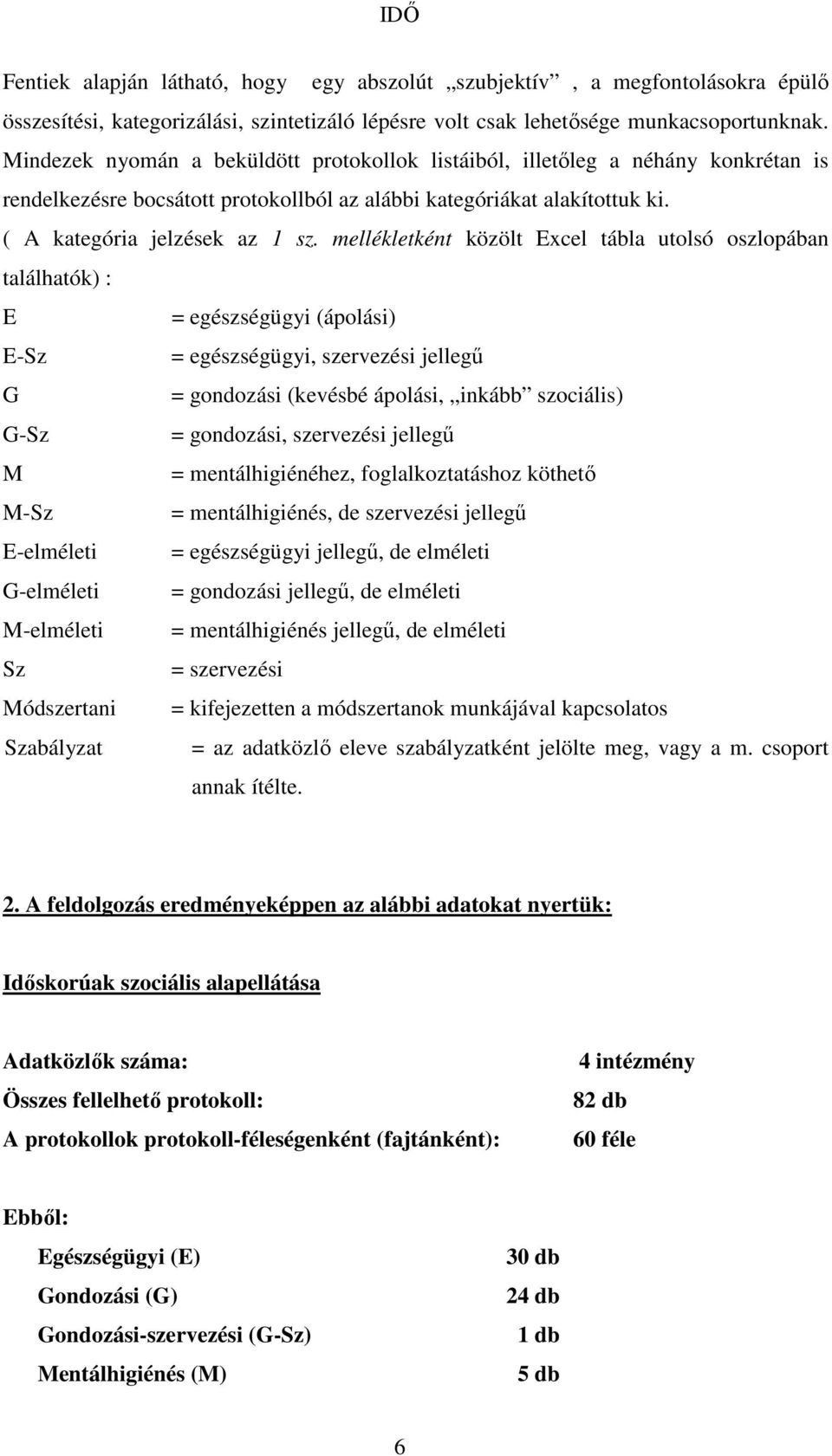 mellékletként közölt Excel tábla utolsó oszlopában találhatók) : E = egészségügyi (ápolási) E-Sz = egészségügyi, szervezési jellegű G = gondozási (kevésbé ápolási, inkább szociális) G-Sz = gondozási,
