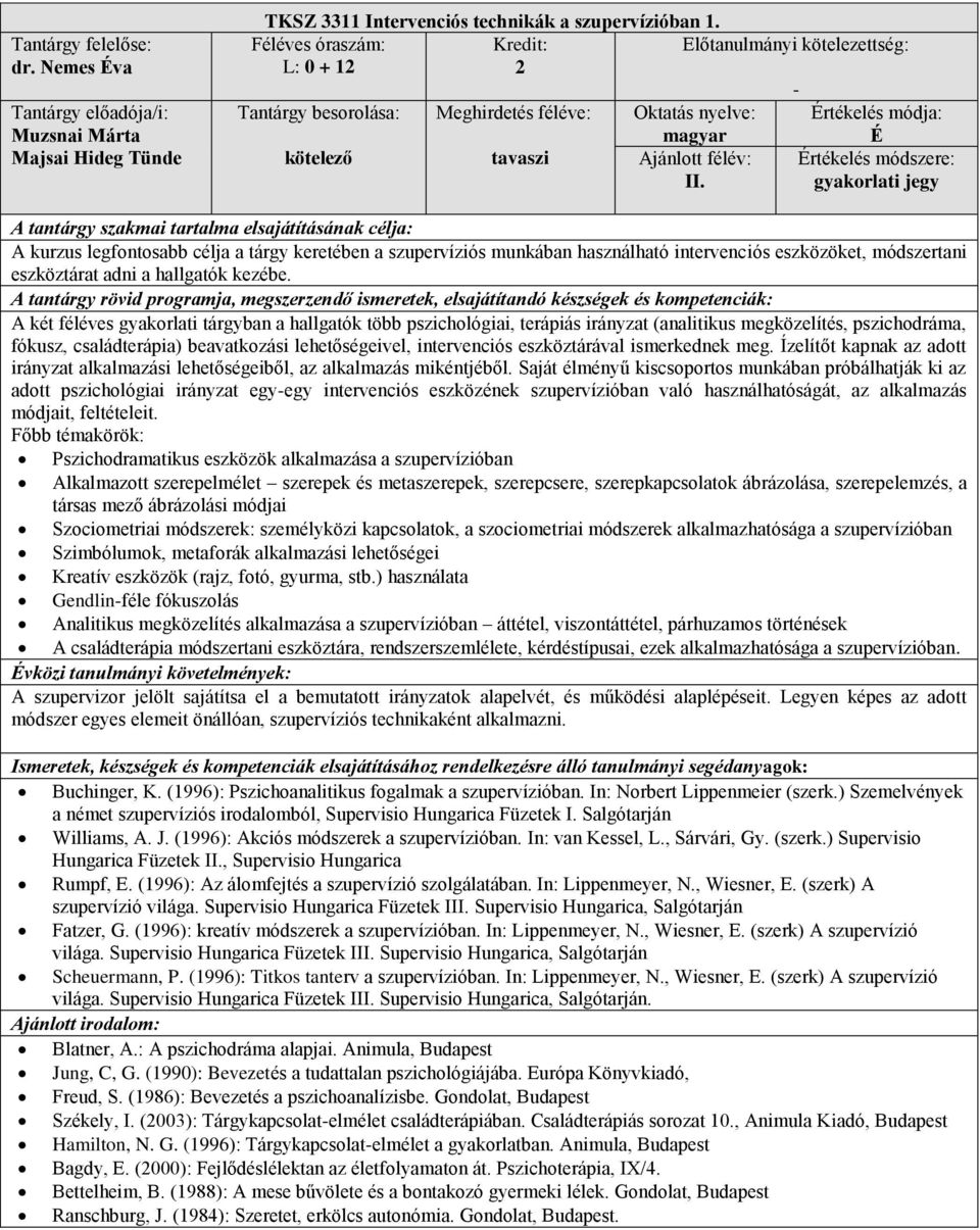 A két féléves gyakorlati tárgyban a hallgatók több pszichológiai, terápiás irányzat (analitikus megközelítés, pszichodráma, fókusz, családterápia) beavatkozási lehetőségeivel, intervenciós