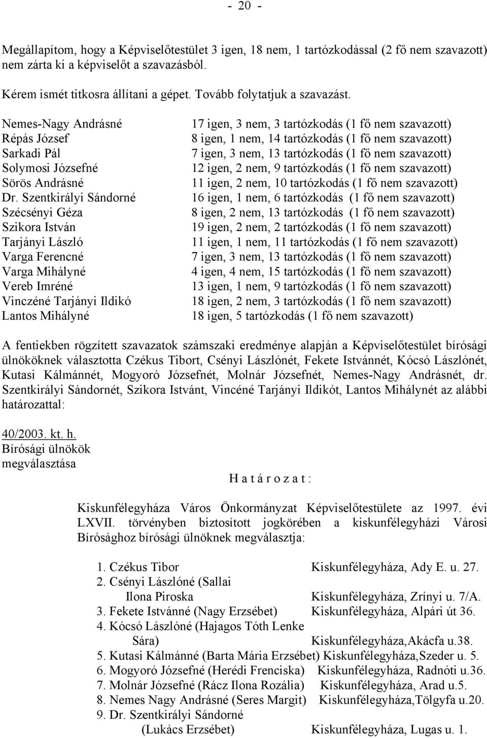 Szentkirályi Sándorné Szécsényi Géza Szikora István Tarjányi László Varga Ferencné Varga Mihályné Vereb Imréné Vinczéné Tarjányi Ildikó Lantos Mihályné 17 igen, 3, 3 tartózkodás (1 fő szavazott) 8