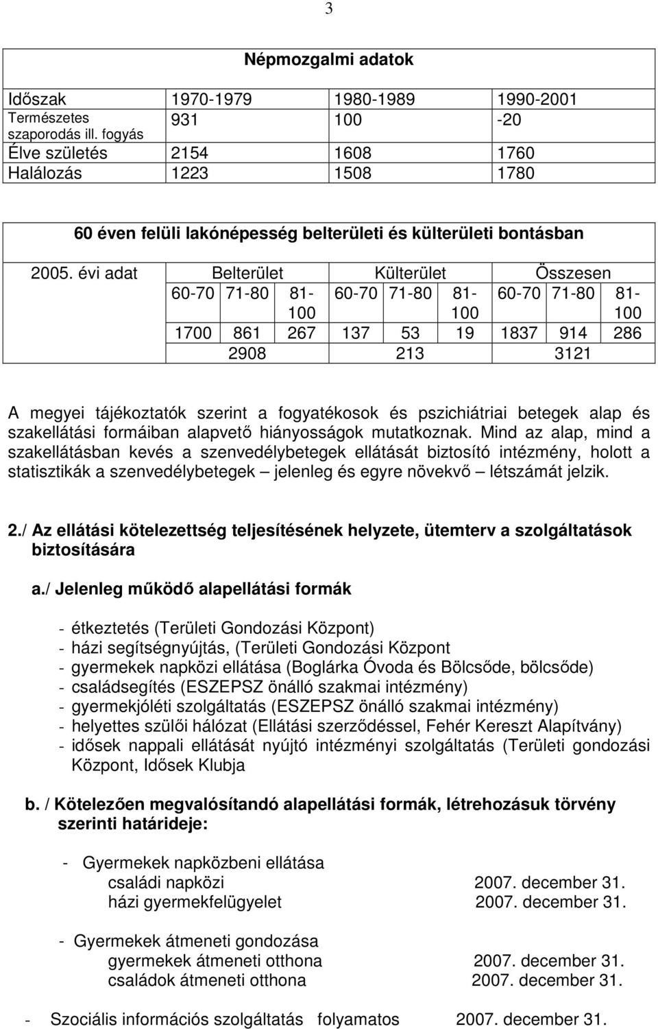 évi adat Belterület Külterület Összesen 60-70 71-80 81-100 60-70 71-80 81-100 60-70 71-80 81-100 1700 861 267 137 53 19 1837 914 286 2908 213 3121 A megyei tájékoztatók szerint a fogyatékosok és