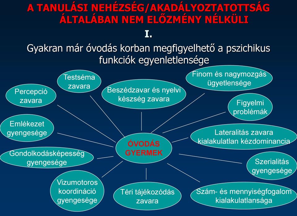 nyelvi készség zavara Finom és nagymozgás ügyetlensége Figyelmi problémák Emlékezet gyengesége Gondolkodásképesség gyengesége