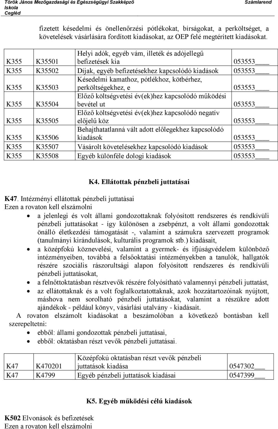 kötbérhez, perköltségekhez, e 053553 K355 K35504 Előző költségvetési év(ek)hez kapcsolódó működési bevétel ut 053553 K355 K35505 Előző költségvetési év(ek)hez kapcsolódó negatív előjelű köz 053553