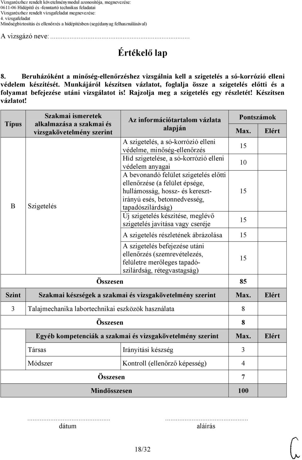 Típus B Szakmai ismeretek Az információtartalom vázlata Pontszámok alkalmazása a szakmai és alapján vizsgakövetelmény szerint Max.