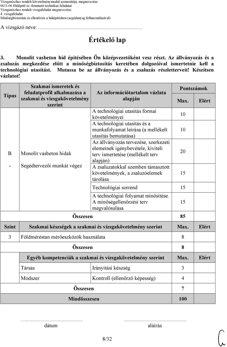 Készítsen vázlatot! Típus B - Szakmai ismeretek és feladatprofil alkalmazása a szakmai és vizsgakövetelmény szerint Az információtartalom vázlata alapján Pontszámok Max.