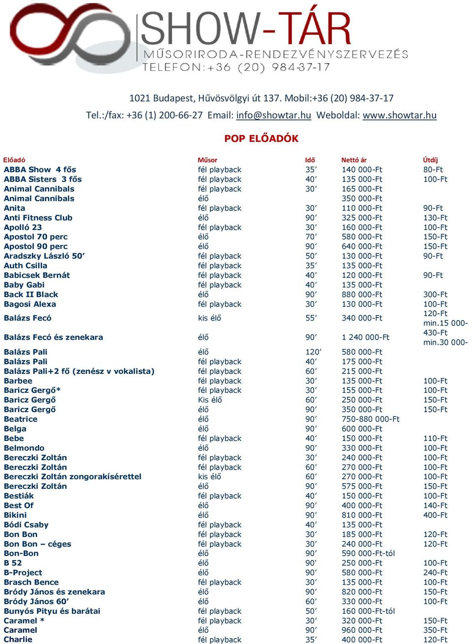 hu POP ELŐADÓK ABBA Show 4 fős fél playback 35 140 000-Ft 80-Ft ABBA Sisters 3 fős fél playback 40 135 000-Ft 100-Ft Animal Cannibals fél playback 30 165 000-Ft Animal Cannibals élő 350 000-Ft Anita