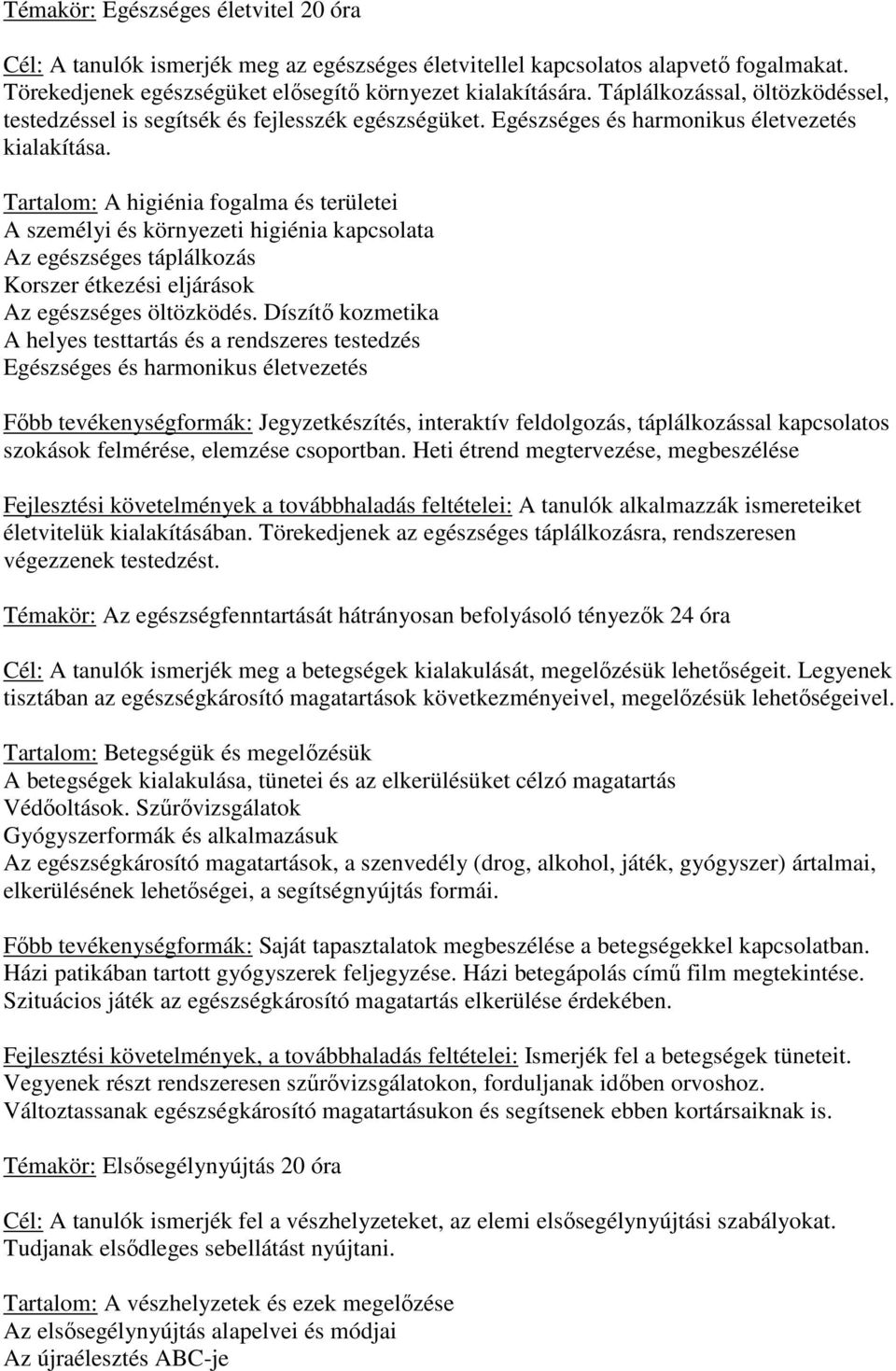 Tartalom: A higiénia fogalma és területei A személyi és környezeti higiénia kapcsolata Az egészséges táplálkozás Korszer étkezési eljárások Az egészséges öltözködés.