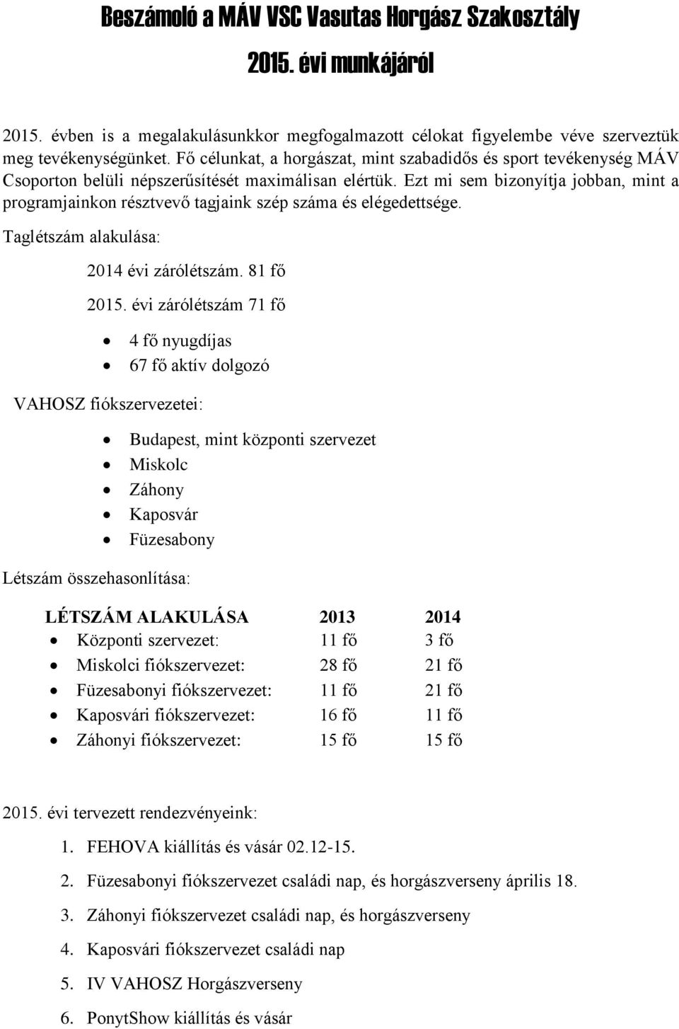 Ezt mi sem bizonyítja jobban, mint a programjainkon résztvevő tagjaink szép száma és elégedettsége. Taglétszám alakulása: 2014 évi zárólétszám. 81 fő 2015.