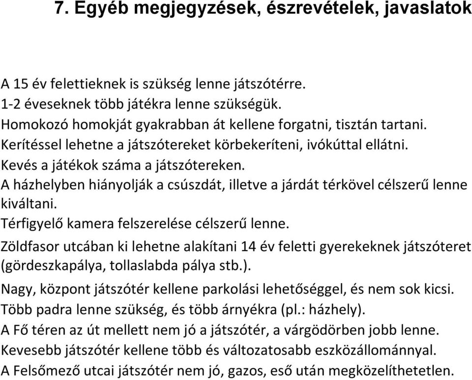 A házhelyben hiányolják a csúszdát, illetve a járdát térkövel célszerű lenne kiváltani. Térfigyelő kamera felszerelése célszerű lenne.