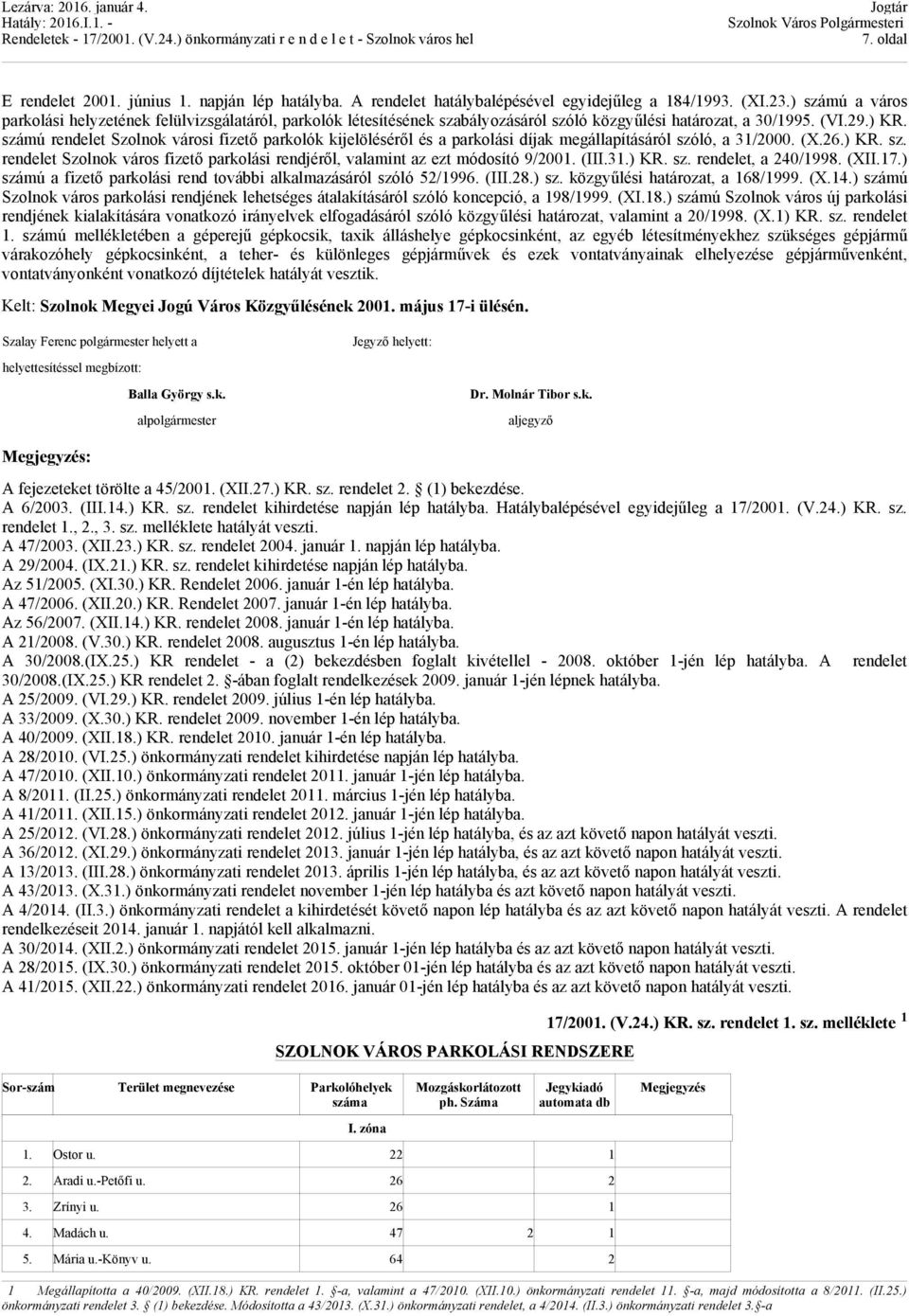 számú rendelet Szolnok városi fizető parkolók kijelöléséről és a parkolási díjak megállapításáról szóló, a 31/2000. (X.26.) KR. sz. rendelet Szolnok város fizető parkolási rendjéről, valamint az ezt módosító 9/2001.