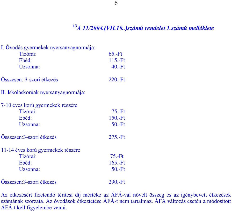 Iskoláskorúak nyersanyagnormája: 7-10 éves korú gyermekek részére Tízórai: Ebéd: Uzsonna: Összesen:3-szori étkezés 11-14 éves korú gyermekek részére Tízórai: Ebéd: