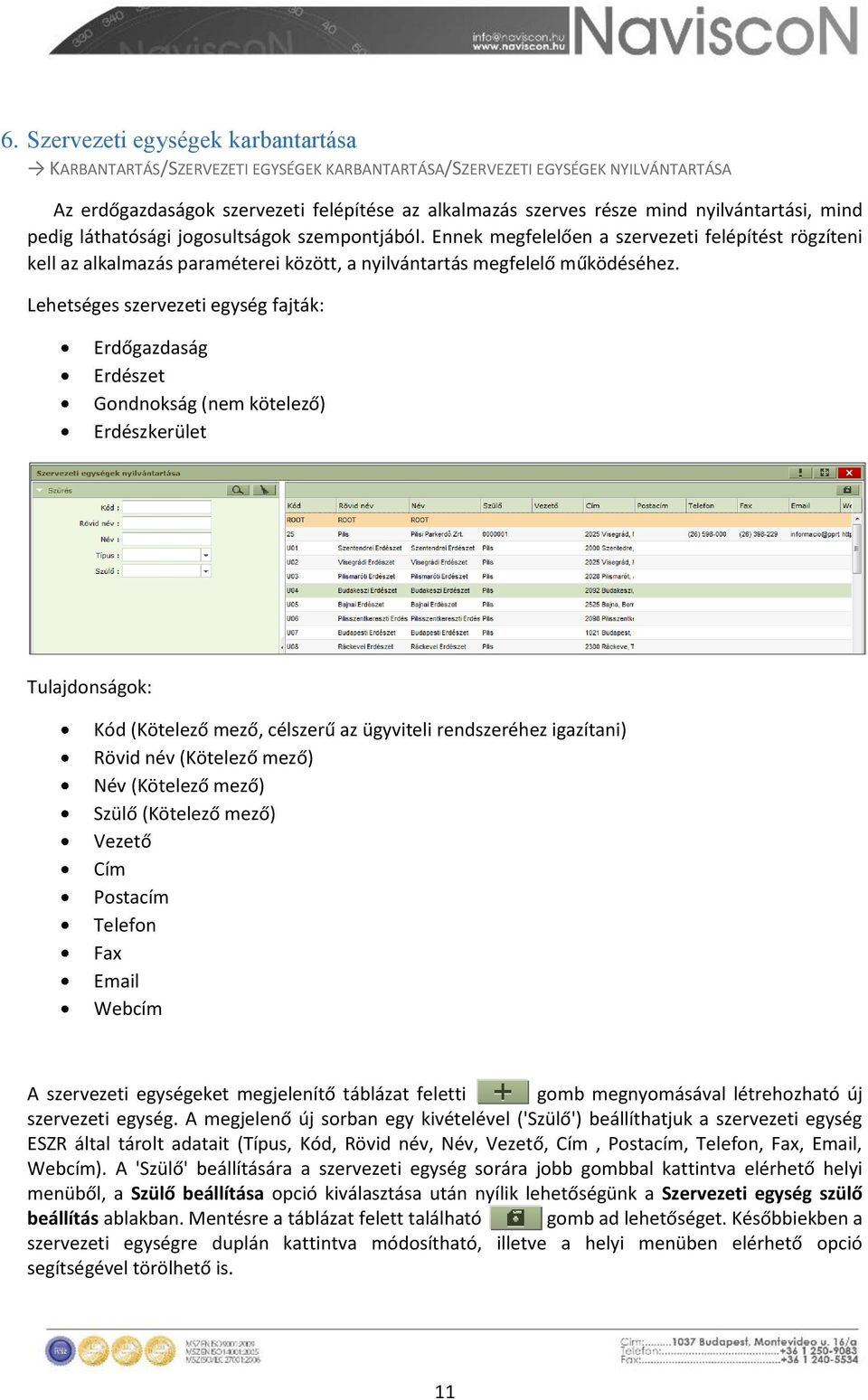 Lehetséges szervezeti egység fajták: Erdőgazdaság Erdészet Gondnokság (nem kötelező) Erdészkerület Tulajdonságok: Kód (Kötelező mező, célszerű az ügyviteli rendszeréhez igazítani) Rövid név (Kötelező