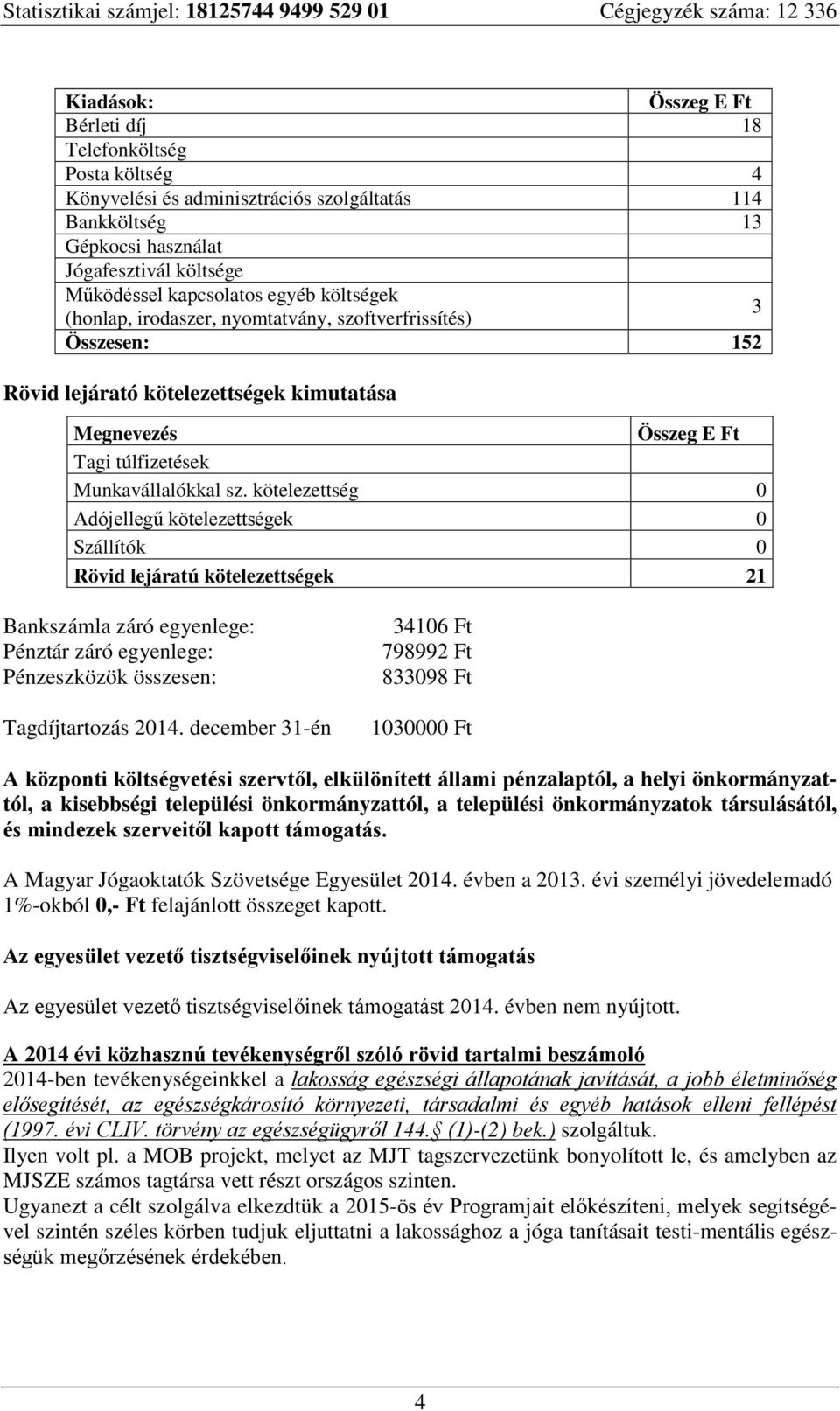 kötelezettség 0 Adójellegű kötelezettségek 0 Szállítók 0 Rövid lejáratú kötelezettségek 21 Bankszámla záró egyenlege: Pénztár záró egyenlege: Pénzeszközök összesen: Tagdíjtartozás 2014.