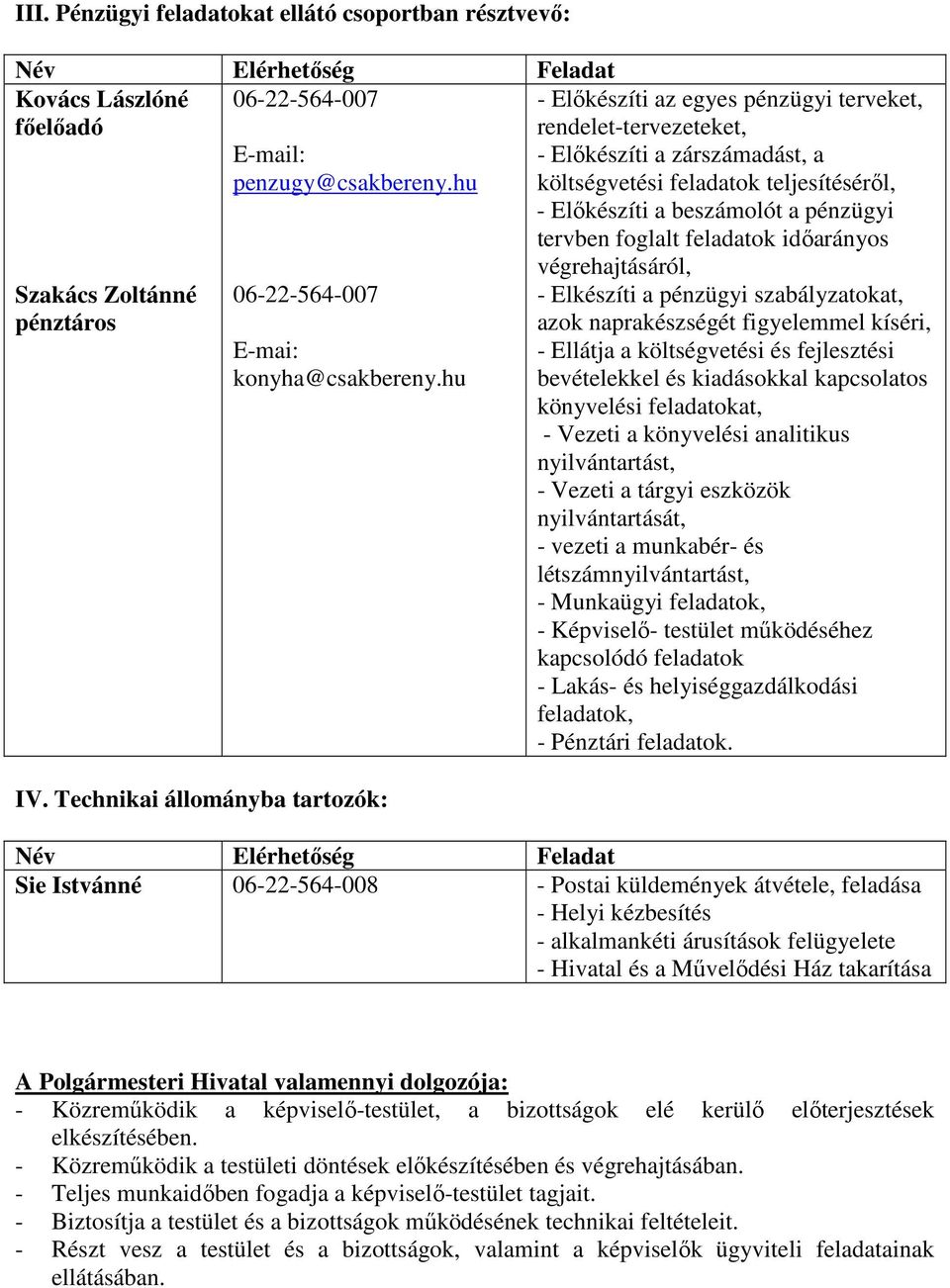 Technikai állományba tartozók: - Elıkészíti az egyes pénzügyi terveket, rendelet-tervezeteket, - Elıkészíti a zárszámadást, a költségvetési feladatok teljesítésérıl, - Elıkészíti a beszámolót a