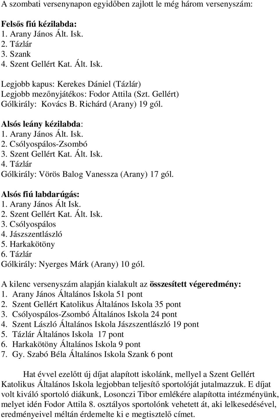 Csólyospálos-Zsombó Gólkirály: Vörös Balog Vanessza (Arany) 17 gól. Alsós fiú labdarúgás: 3. Csólyospálos 4. Jászszentlászló 5. Harkakötöny 6. Tázlár Gólkirály: Nyerges Márk (Arany) 10 gól.