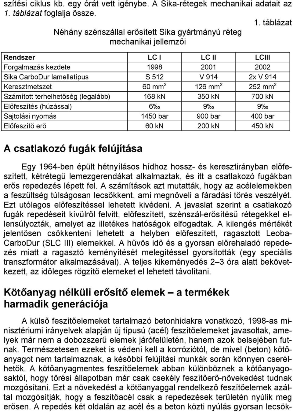 táblázat Néhány szénszállal erősített Sika gyártmányú réteg mechanikai jellemzői Rendszer LC I LC II LCIII Forgalmazás kezdete 1998 2001 2002 Sika CarboDur lamellatípus S 512 V 914 2x V 914