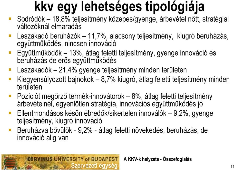 Kiegyensúlyozott bajnokok 8,7% kiugró, átlag feletti teljesítmény minden területen Pozíciót megőrző termék-innovátorok 8%, átlag feletti teljesítmény árbevételnél, egyenlőtlen stratégia,