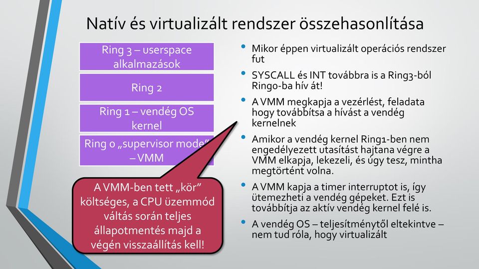 A VMM megkapja a vezérlést, feladata hogy továbbítsa a hívást a vendég kernelnek Amikor a vendég kernel Ring1-ben nem engedélyezett utasítást hajtana végre a VMM elkapja, lekezeli, és úgy