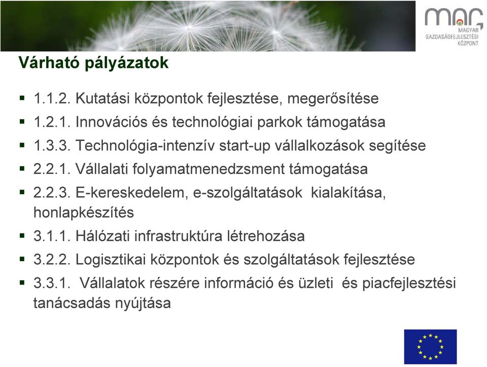 1.1. Hálózati infrastruktúra létrehozása 3.2.2. Logisztikai központok és szolgáltatások fejlesztése 3.3.1. Vállalatok részére információ és üzleti és piacfejlesztési tanácsadás nyújtása